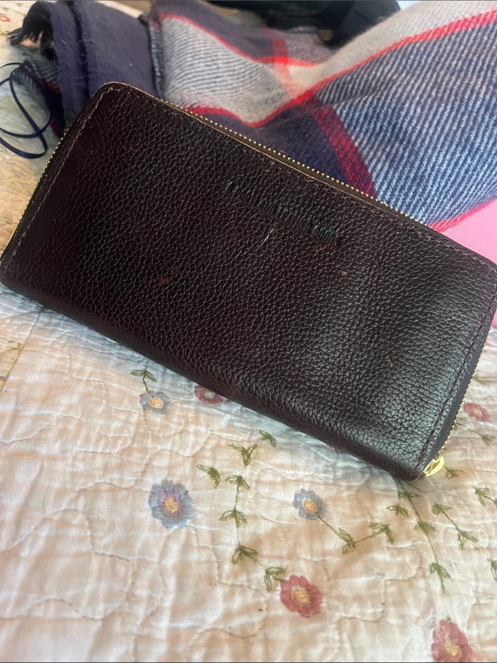 Pebbled Zip-Around Leather Wallet in Dark Brown